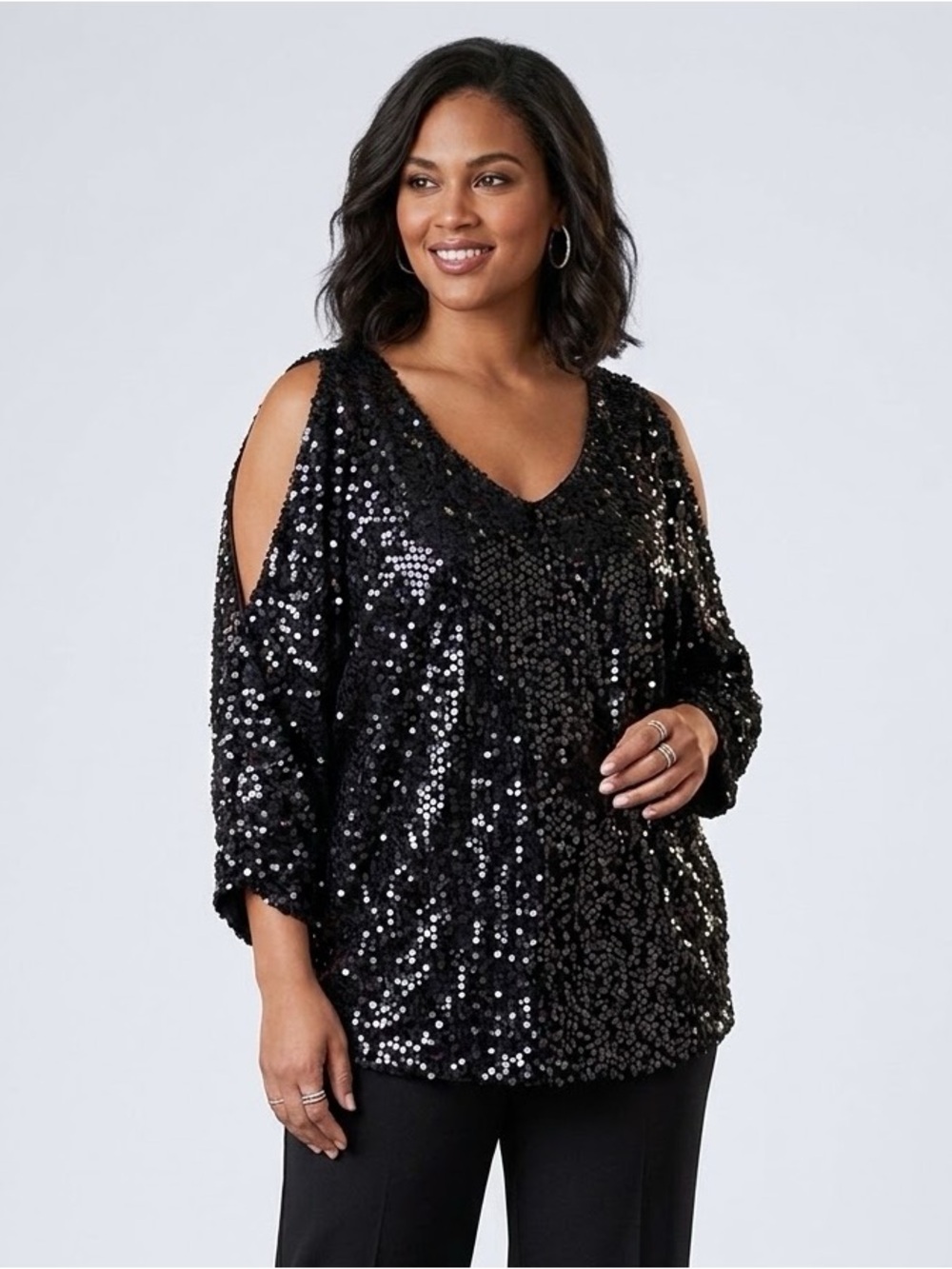 Roaman's Black Sequin Cold-Shoulder V-Neck Blouse Size 18 Plus Size